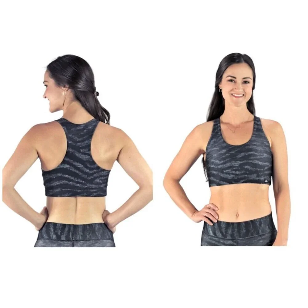 TEREZ Womens Size M Show Your‎ Stripes Black Grey Sports Bra NWT